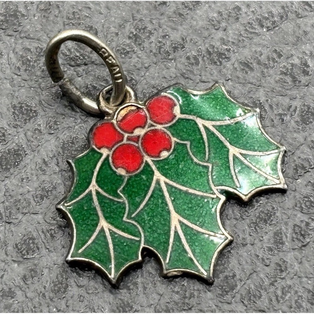 Vintage Beau Sterling Silver 925 Holly Leaf Red Berries Enamel Charm 1972